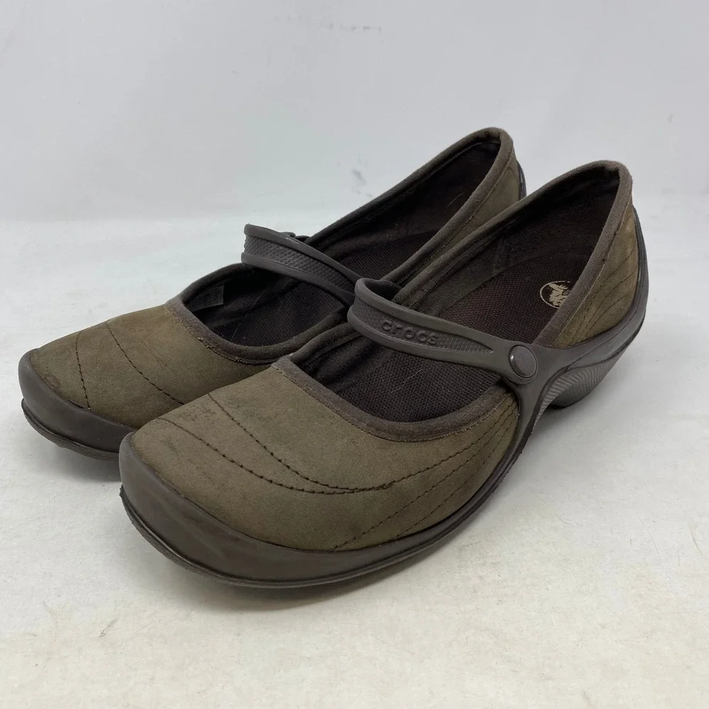Crocs Womens Brown Nubuck Leather Mary Jane Wedge Shoes Comfort 10889 Size 9